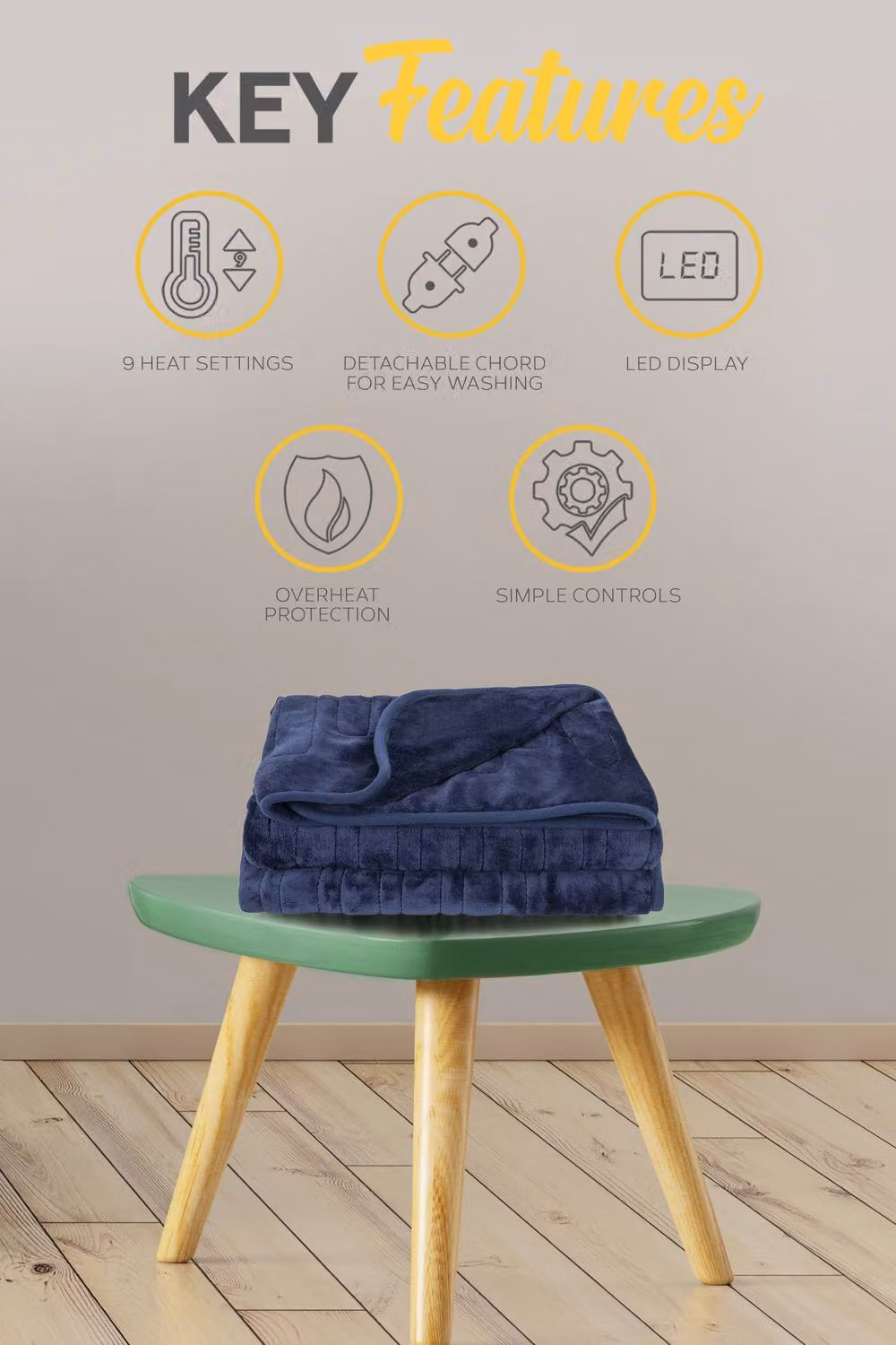MONHOUSE Heated Electric Fleece and Flannel Throw, Blue/Grey, W: 130 cm, D: 160 cm – 10