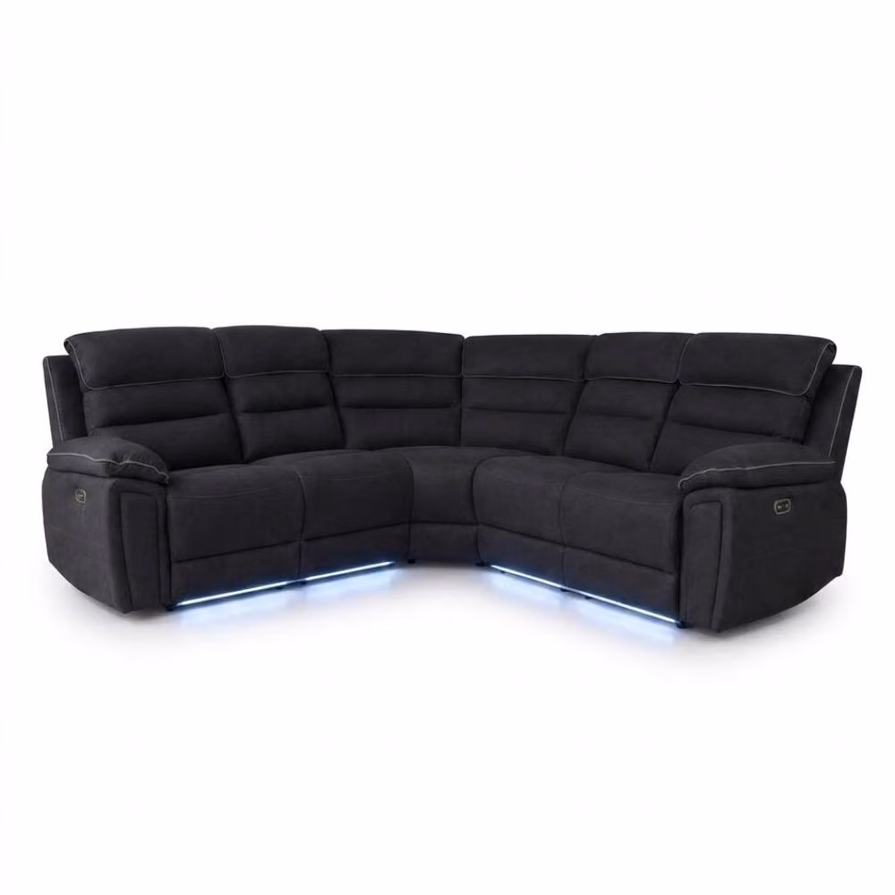 HOME LUXE INTERIOR Montana Black Fabric Electric Recliner Corner Sofa with LED Lighting and USB Charging – 3