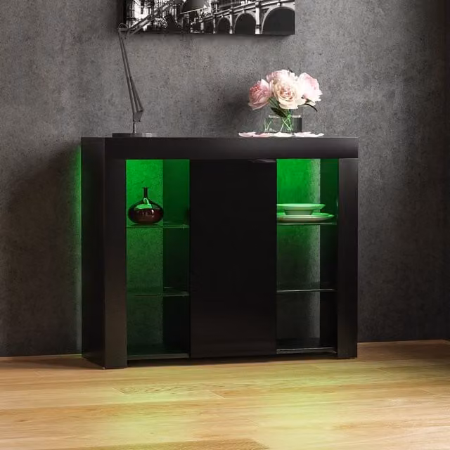 Vida Designs Azura Modern 1 Door LED Sideboard in Black with Glass and Integrated Lighting, Width: 98 cm