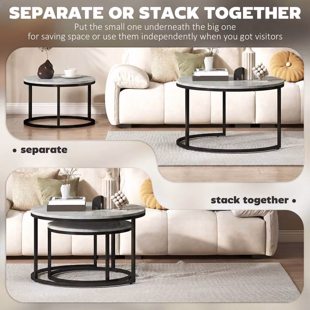 HOMCOM 2 Piece Nesting Coffee Table Set with Round Marble Tops and Light Grey Steel Frame – 4