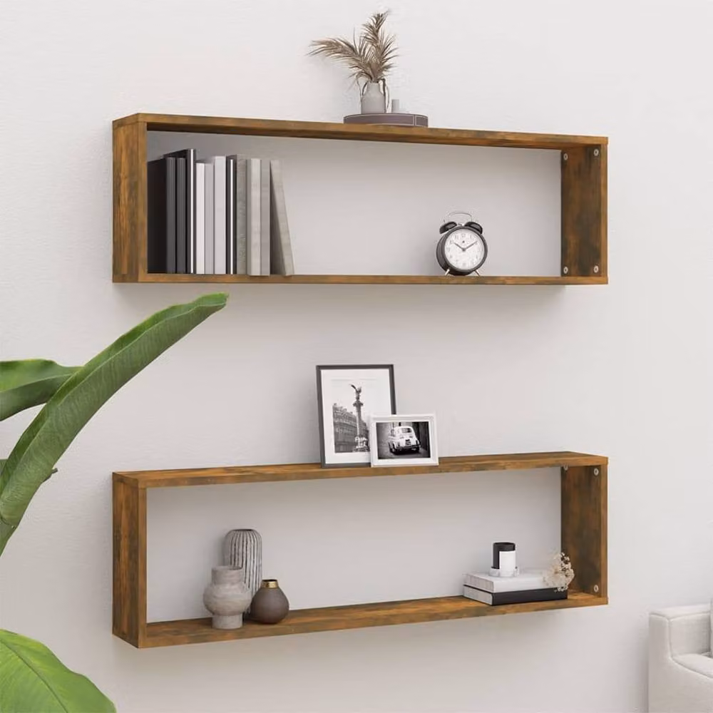 Berkfield Home Wall Mounted Cube Shelves, 2 Pack, Smoked Oak Brown, W/D/H: 100 x 15 x 30 cm – 1
