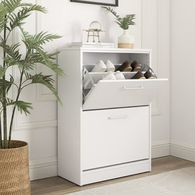 Home Treats Modern White Wooden Shoe Cabinet with Two Internal Drawers and Tilting Compartments, W/D/H: 90 x 28 x 60 cm