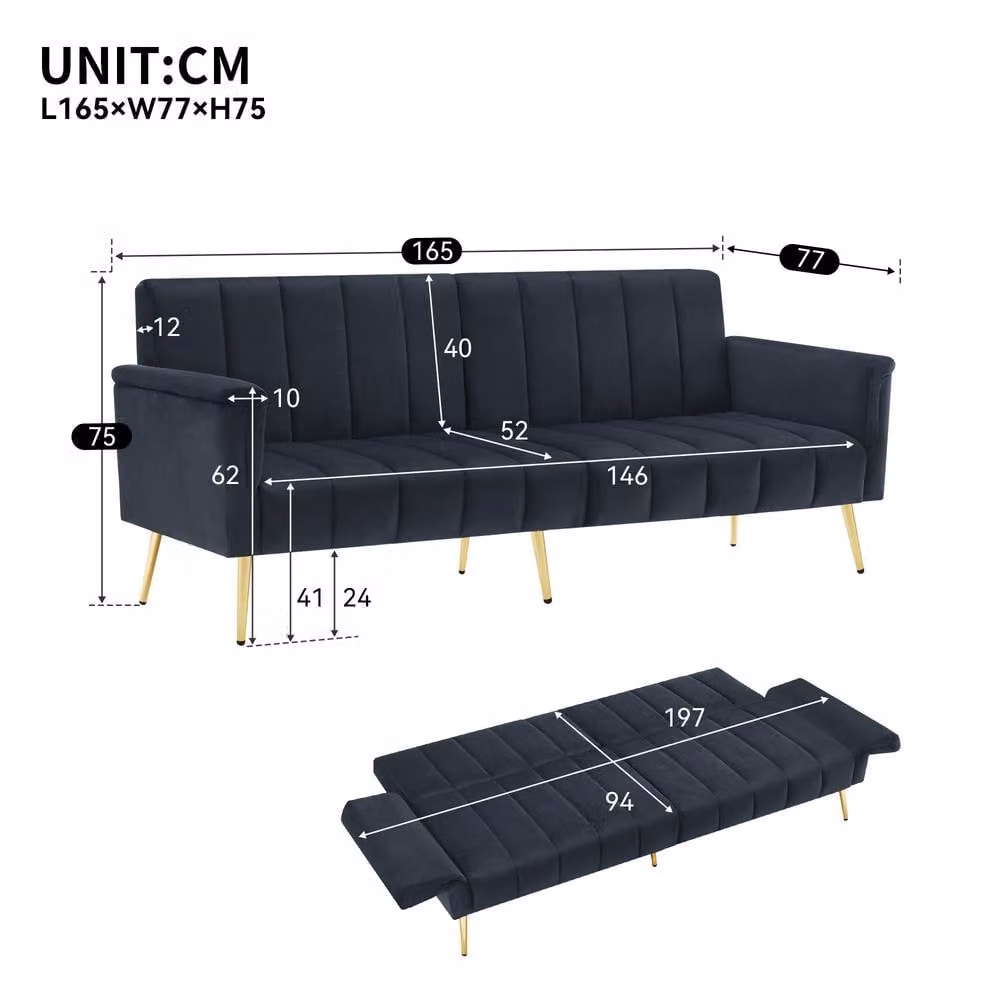 Rolipo Modern Black Velvet Click-Clack Sofa Bed with Adjustable Headrest and Foam Upholstery – 4