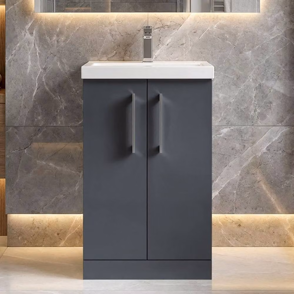 Balterley Modern Bathroom Floor Standing Vanity Unit with 2 Soft Close Doors and Rectangular Mid-Edge Basin, Dark Grey Matt – 7