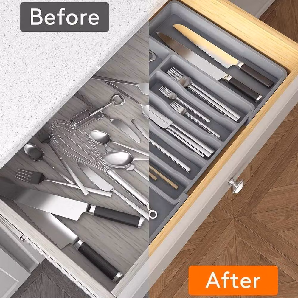 NESTLUNE Expandable Plastic Cutlery Tray Kitchen Organiser Drawer Insert, Grey – 4