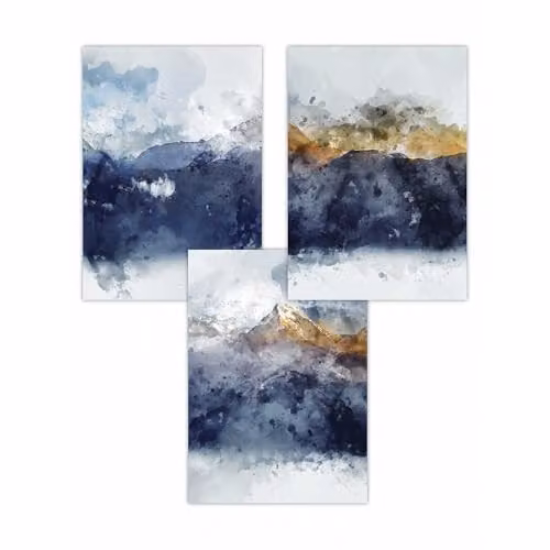 ARTZE Set of 3 Abstract Blue and Yellow Mountain Landscape Paper Posters, W: 42 cm x H: 59 cm – 2