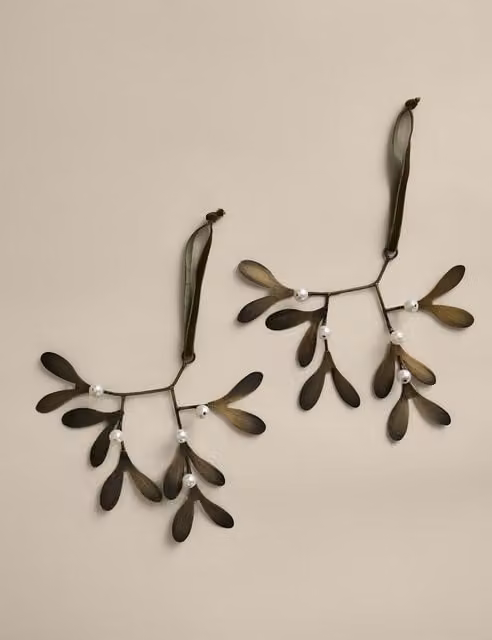 M&S Set of 2 Antique Brass Metal Mistletoe Christmas Baubles with Green Leaves