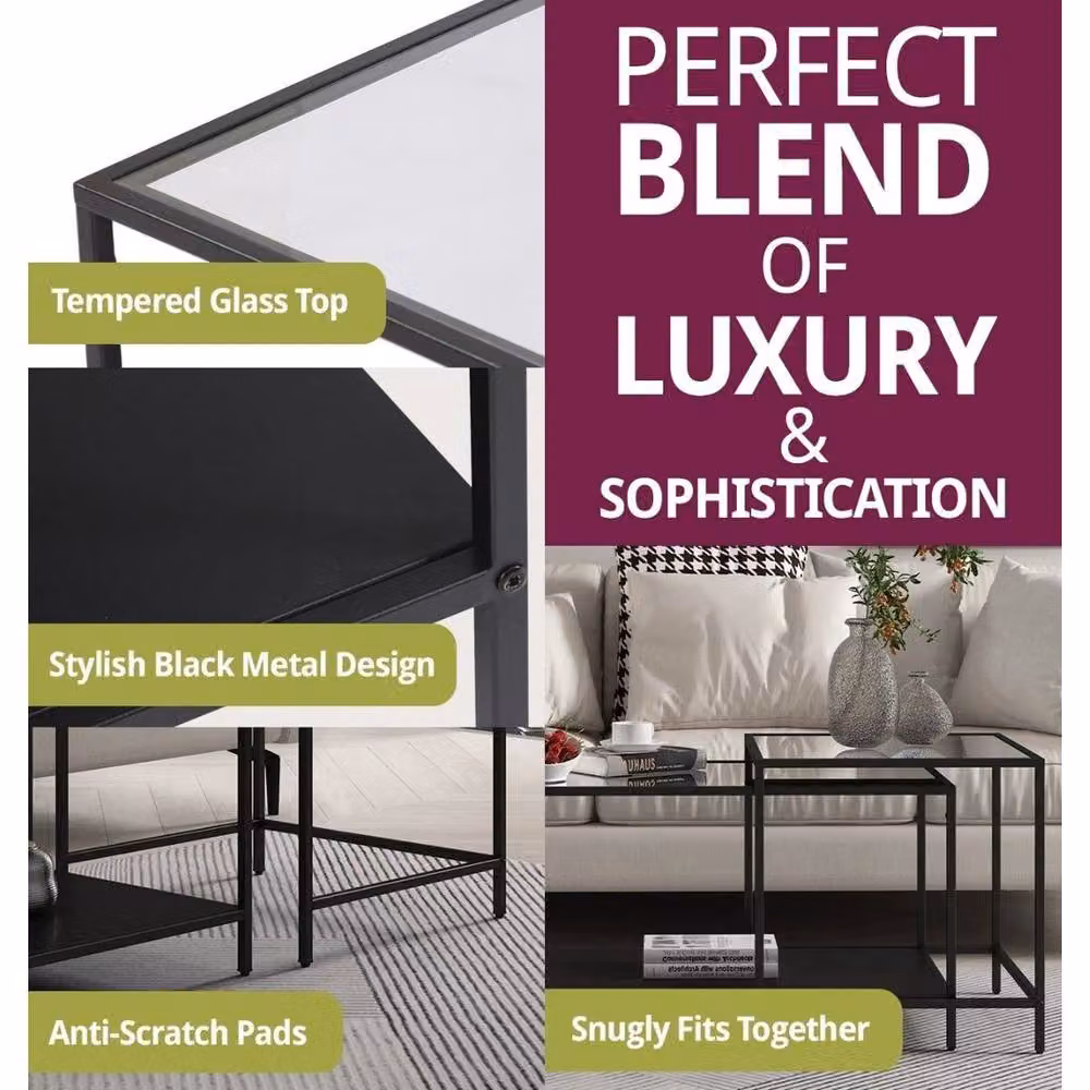 FORGEVIO Modern Nesting Coffee Table with Black Matt Metal Frame and Glass Tops – 4