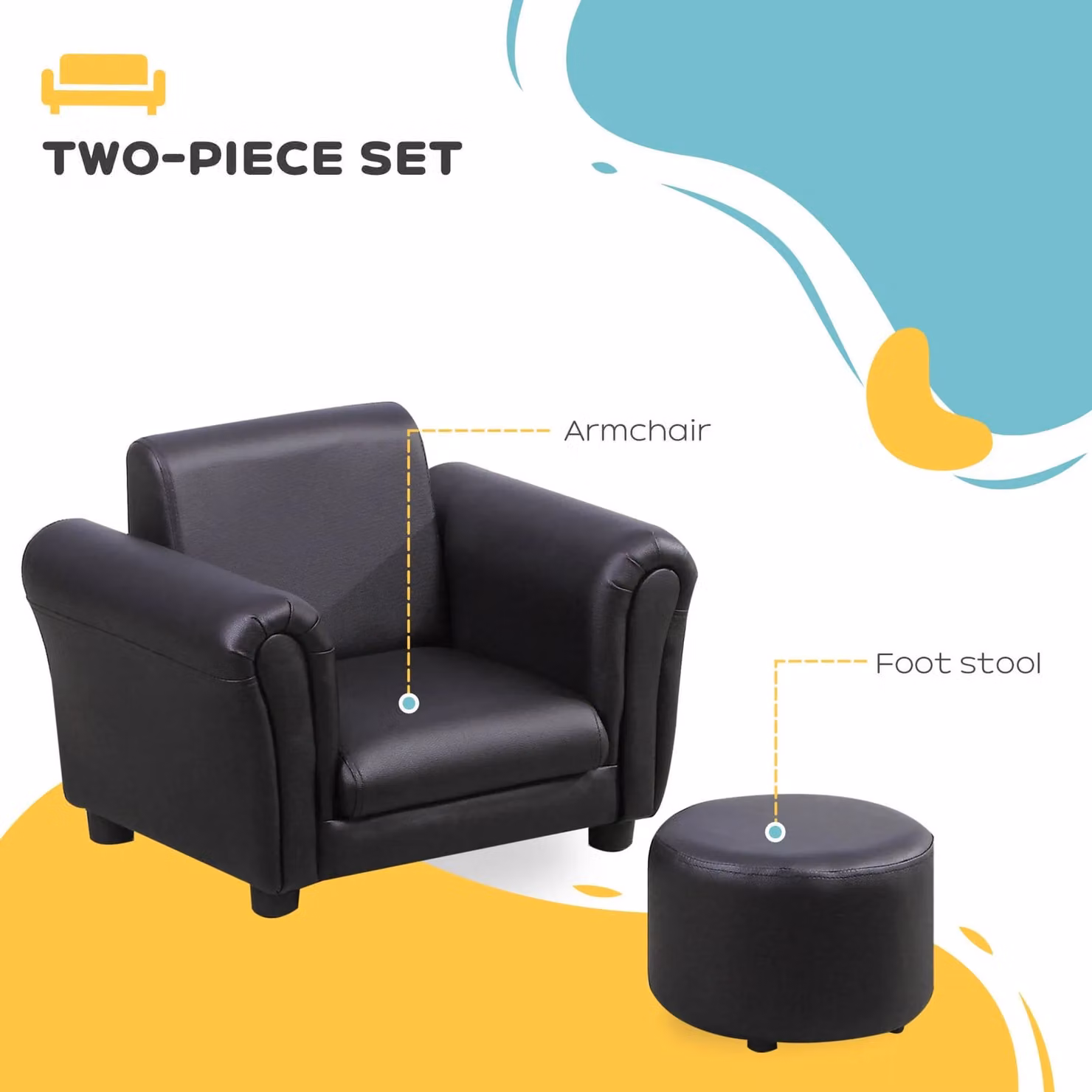 HOMCOM Kids Sofa Set with Footstool in Black Synthetic Leather – 4