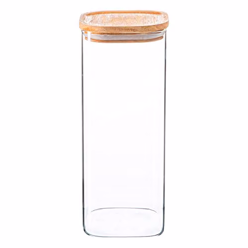 Argon Tableware Square Glass Storage Jar with Airtight Wooden Lid, 1.9 l, Transparent