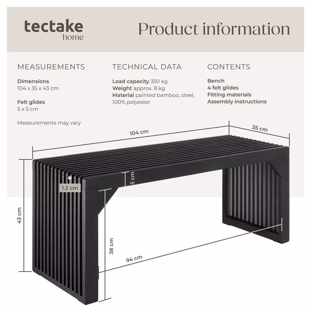 tectake Ribb XL Slatted Stool or Bench in Black with Bamboo Wood Design – 6