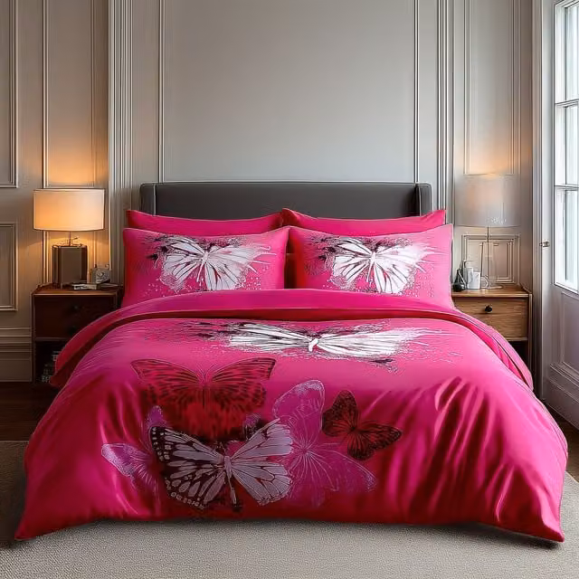 Snug City Pink Butterfly Print Duvet Cover and Pillowcase Set Bed Linen, Super King, 200 x 200 cm