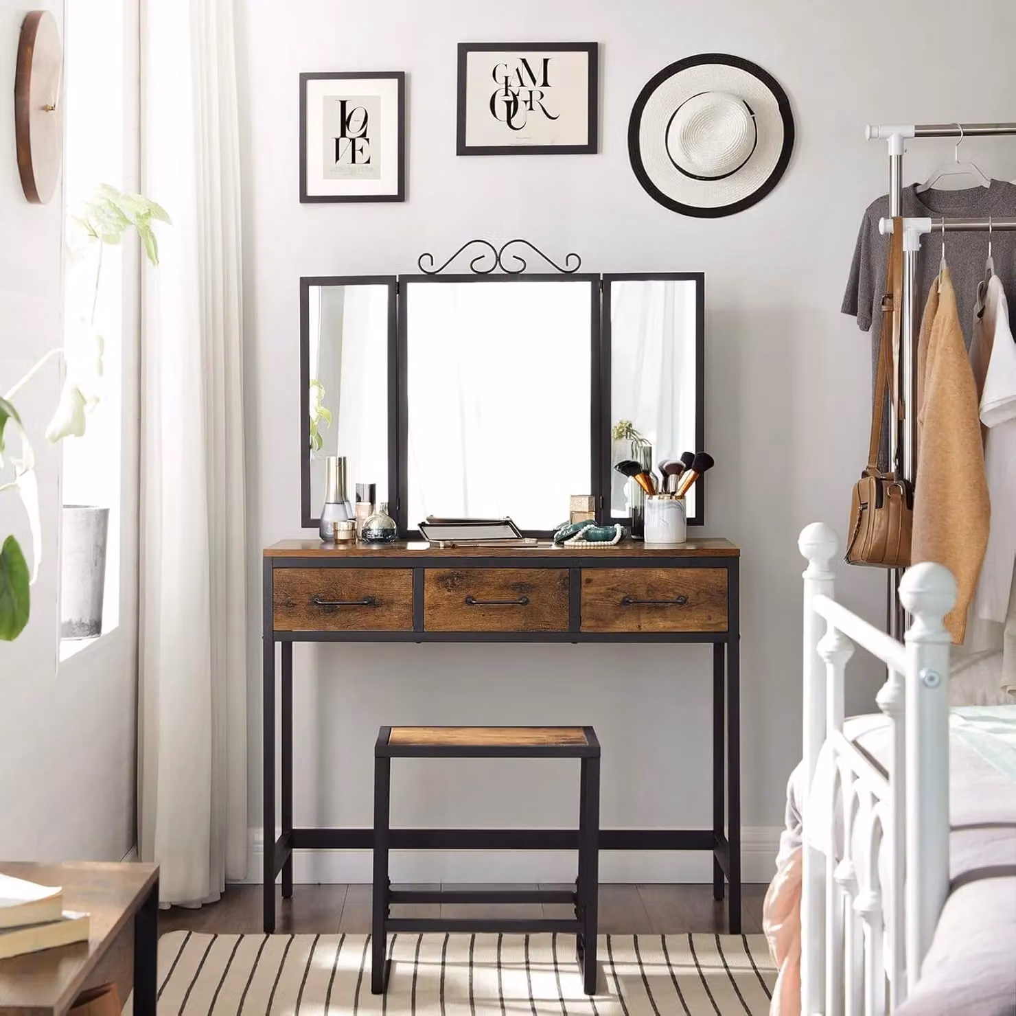 VASAGLE Industrial Vanity Set with Tri-fold Mirror and Storage, Brown – 2