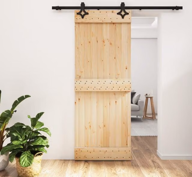 Berkfield Home Rustic Solid Wood Pine Sliding Door with Hardware Set in Brown, W: 80 cm, H: 210 cm – 1