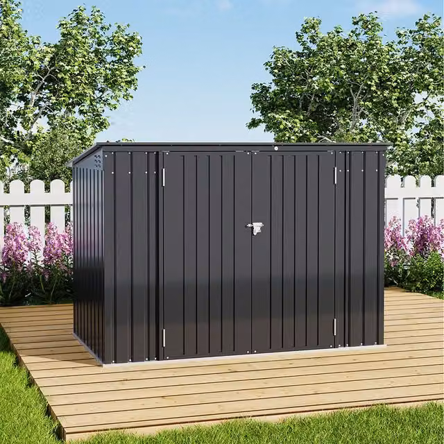 Livingandhome Pent Metal Garden Shed with Double Doors and Windows in Anthracite Black