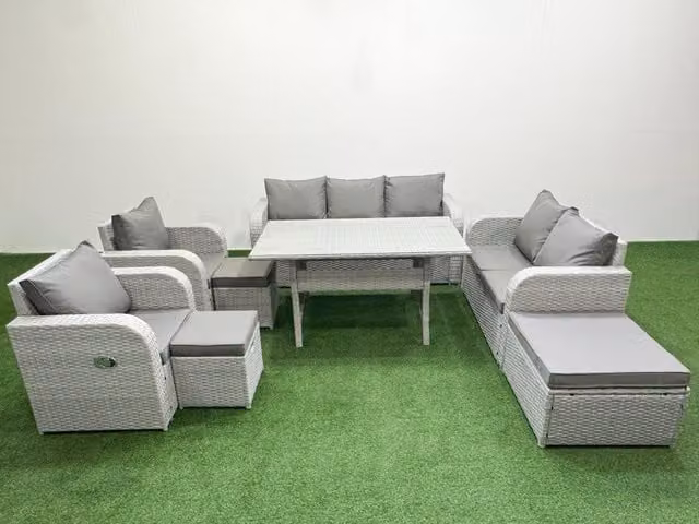 Fimous PE Rattan Garden Furniture Set in Light Grey with Reclining Chair, Double Love Seat, Rectangular Dining Table and 3 Stools