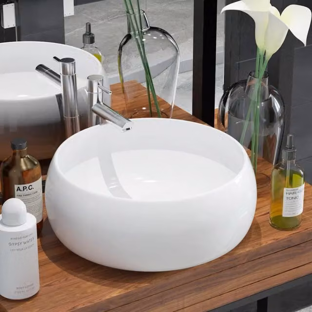 Berkfield Home Round Ceramic Basin in White, W: 40 cm, D: 15 cm, H: 15 cm