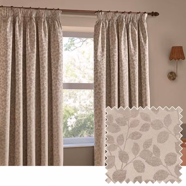 Wylder Grace Leaf Jacquard Fully Lined Pencil Pleat Curtain Pair in Nude, Width: 117 cm, Drop: 137 cm