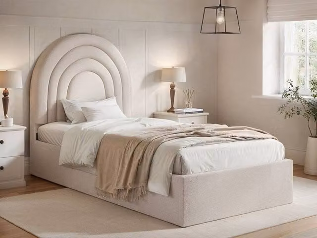 Flair Ava Single Ottoman Bed in Beige Bouclé Fabric, H 122 cm x W 100 cm x D 200 cm