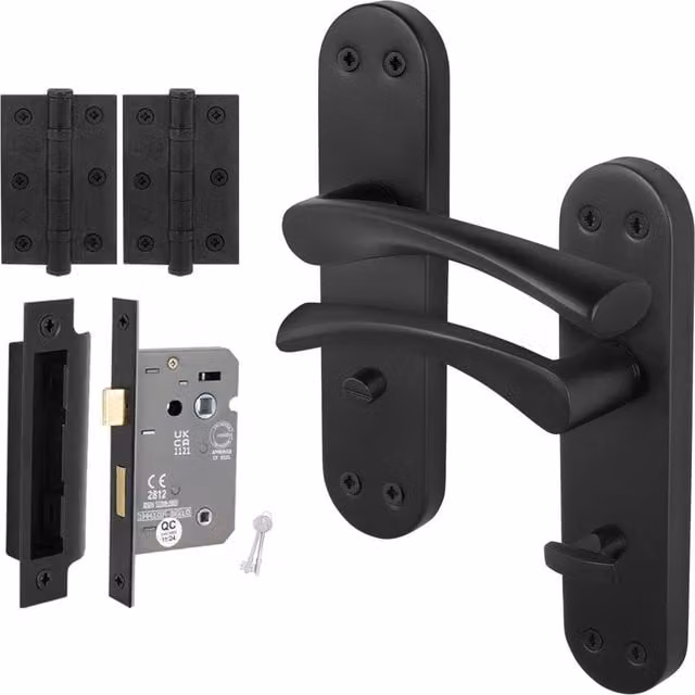 AFIT Matt Black Twist Bathroom Handle WC Lock Hinges with Novi Backplate, W/D/H: 15.0 x 15.0 x 15.0 cm