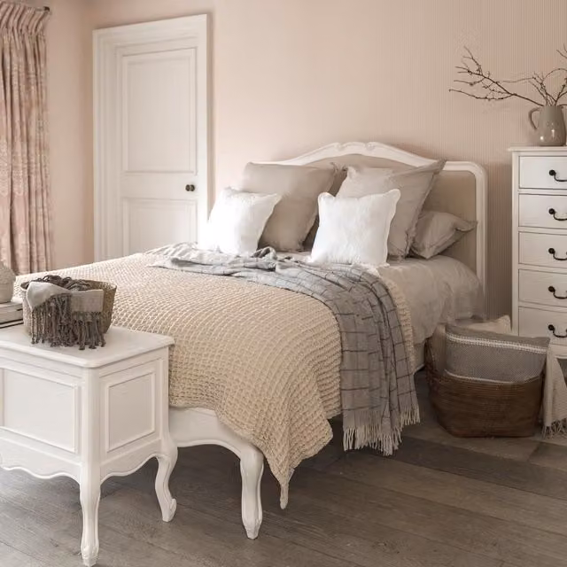 Juliette French Upholstered Headboard Bed in White and Beige, King Size, W/D/H: 180 x 200 cm