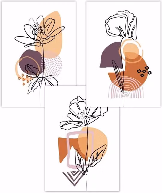 ARTZE Set of 3 Boho Floral Line Art Posters in Multicolour Purple, Orange and Yellow, W: 42 cm, H: 59 cm