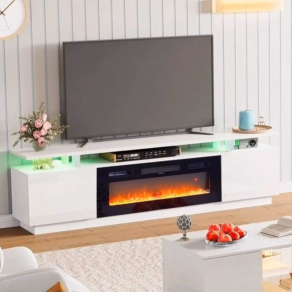 FORGEVIO White High Gloss 70 Inch TV Stand Cabinet with Electric Fireplace – 4