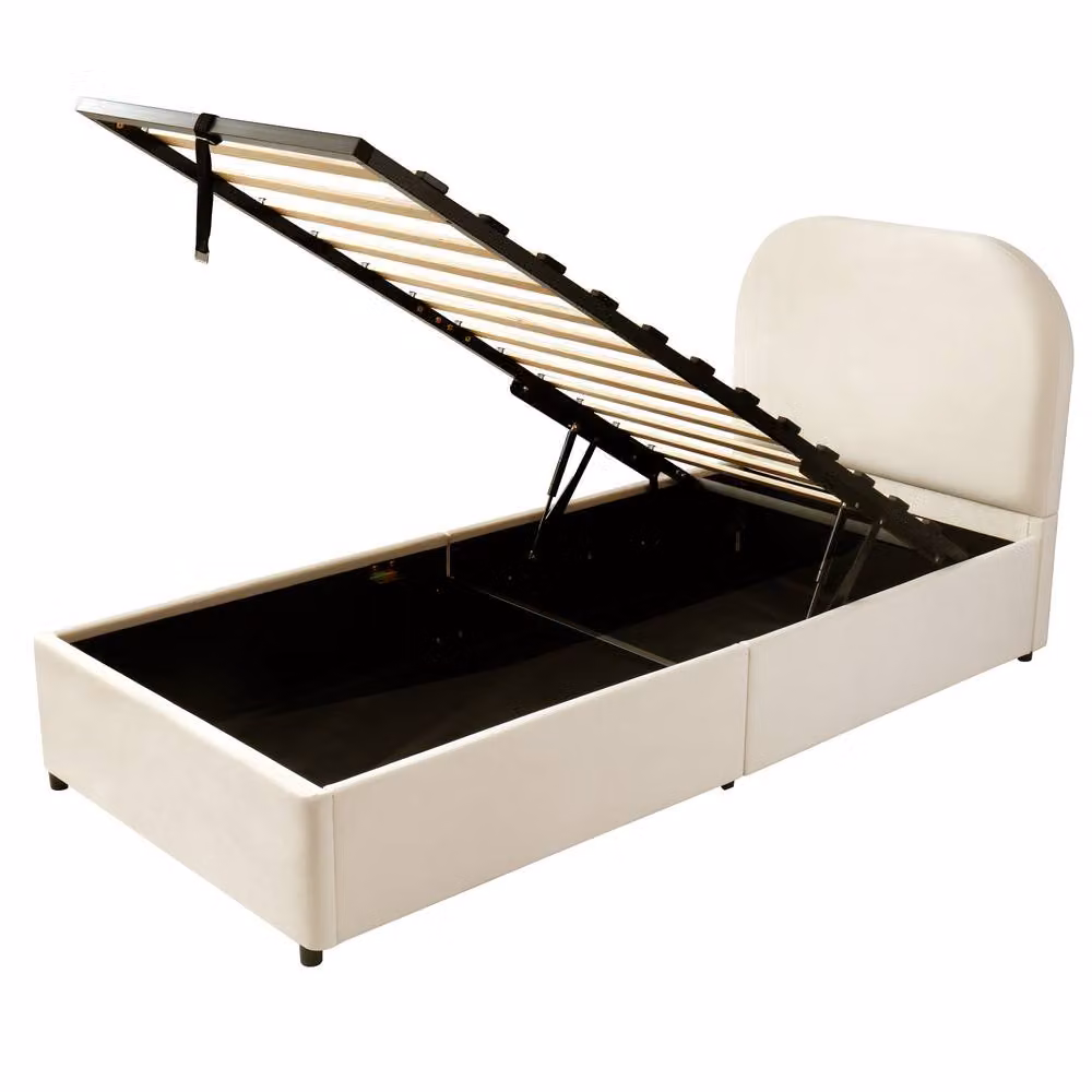 ModernLuxe Single Upholstered Kids Ottoman Bed with Headboard in Beige Velvet Fabric – 4