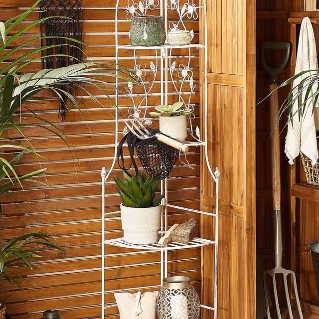 Wyld and Coco White Foldable Garden Corner Ladder Shelf in Rust Resistant Metal, H 158 x W 35 x D 29 cm