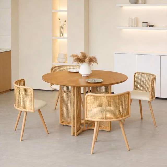 Furniture One Round Oak Dining Table Set with 5 Chairs in Brown