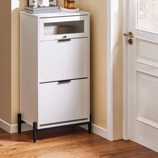 SoBuy Modern Freestanding Shoe Cabinet with Glass Doors and Tilting Compartments in White or Black