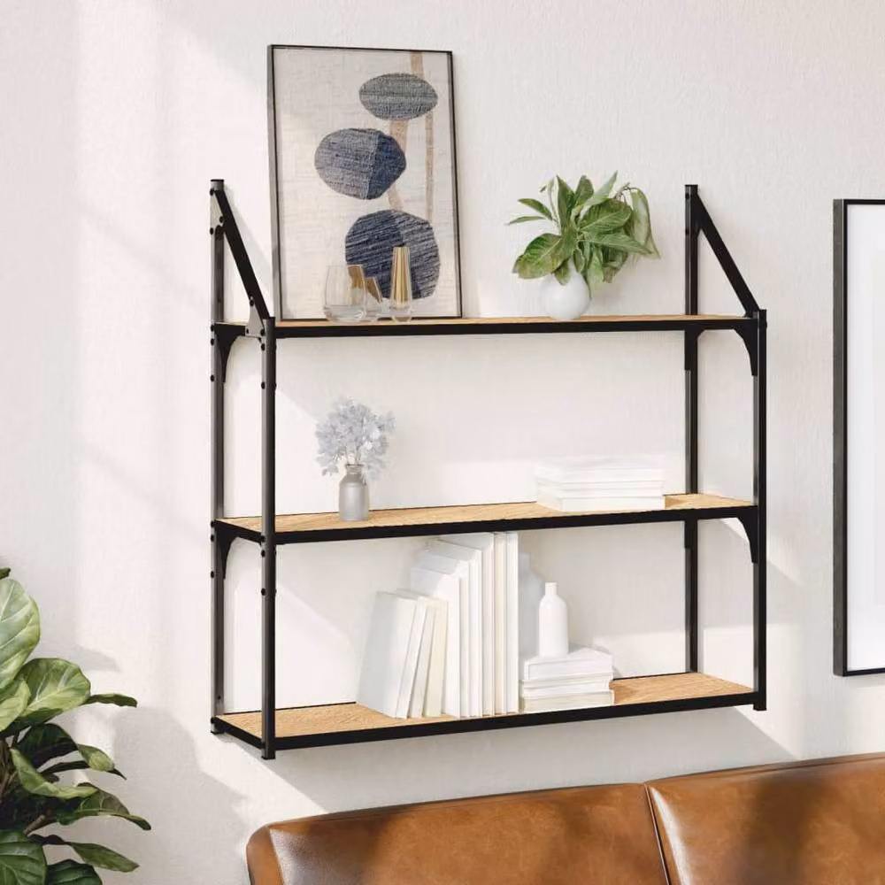 Berkfield Home 3-Tier Wall Mounted Industrial Shelf in Sonoma Oak, W/D/H: 80 x 21 x 78.5 cm – 2