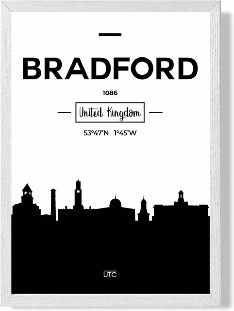 ARTZE Bradford Black and White City Skyline Framed Print, White Frame, A4