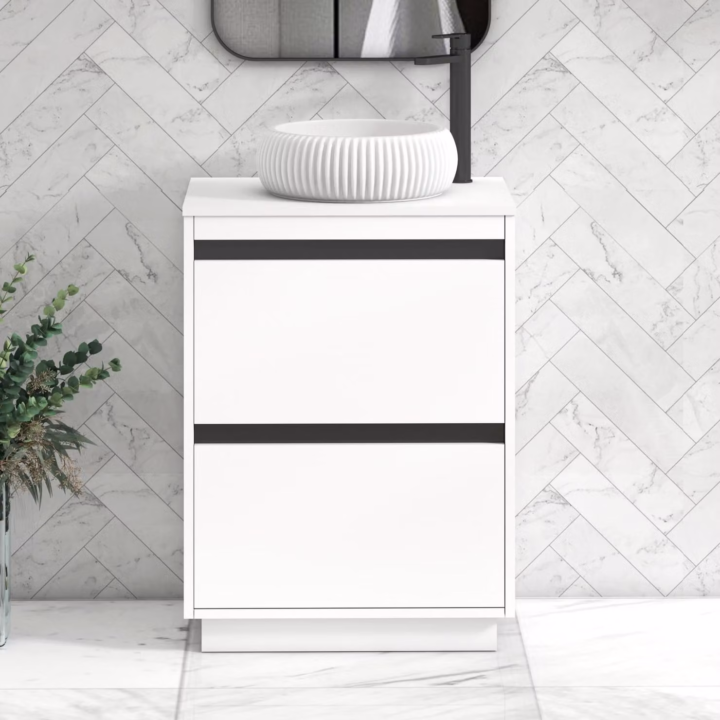 Royal Bathrooms Orion 600mm Matt White Floor Standing 2 Drawer Vanity Unit with Milan Basin and Black Accent Trim