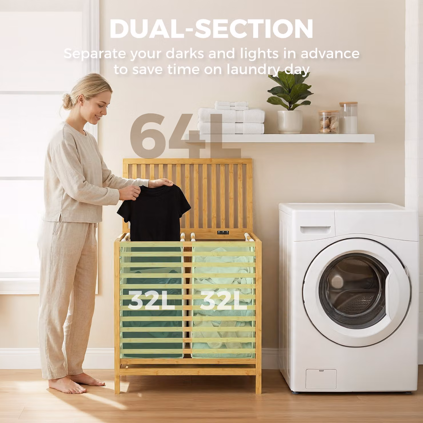 HOMCOM Bamboo Laundry Basket with Lid, 2 Collapsible Baskets with Removable Bags, 64L, Beige and White – 2