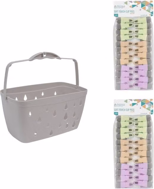 JVL Grey Peg Basket with 48 Multicolour Soft Touch Plastic Clothes Pegs