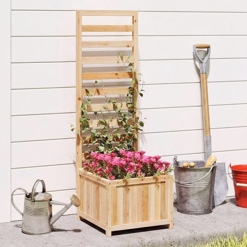 Costway Wooden Raised Garden Bed with Trellis and 2 Drainage Holes in Brown and Sand – 2