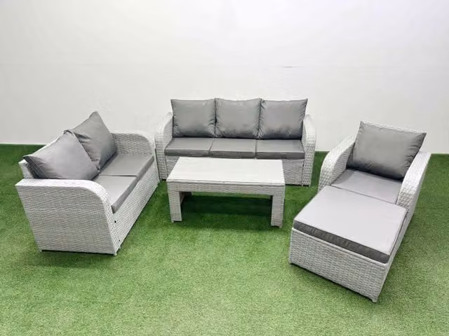 Fimous Patio 7 Seater Grey Rattan Outdoor Furniture Set with Coffee Table, 3 Seater Sofa, Loveseat, Reclining Chairs and Ottoman
