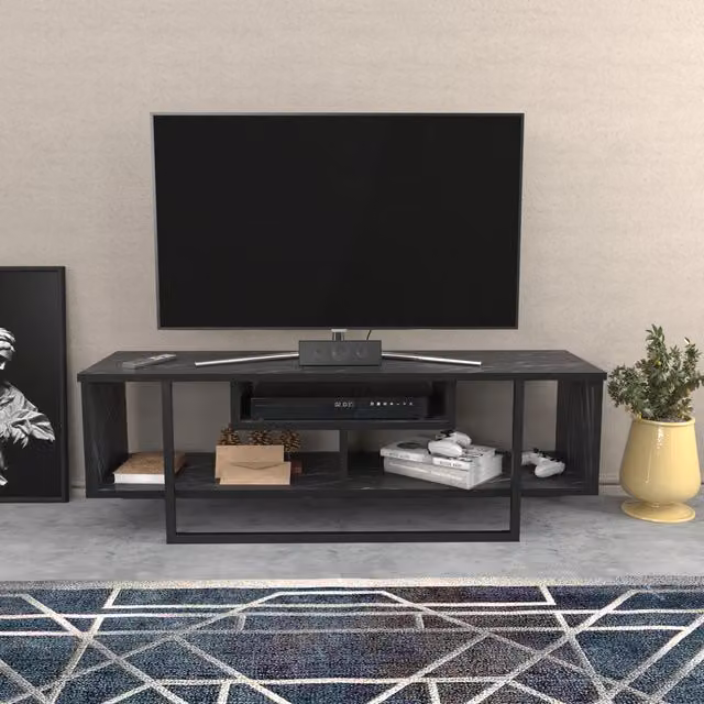 Asal Minimalist TV Unit in Black and Black Marble Effect, Width: 120 cm