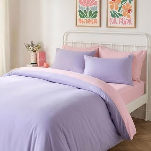 OHS Reversible Plain Microfibre Duvet Cover and Pillowcase Set, Pink and Purple, W/D/H: 135 x 200 cm and 50 x 75 cm