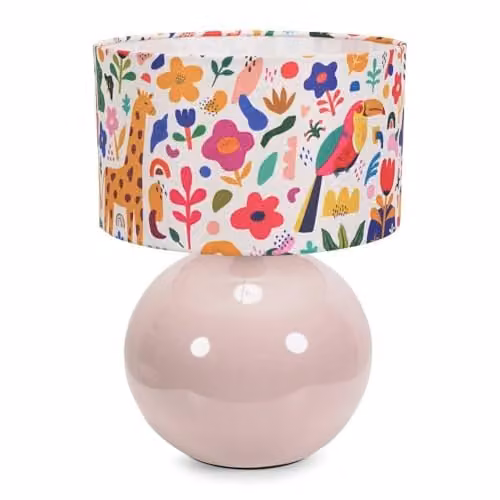 ValueLights Stone Natural Ceramic Table Lamp with Jungle Print Drum Lampshade and Included LED Bulb, Multicolour – 1