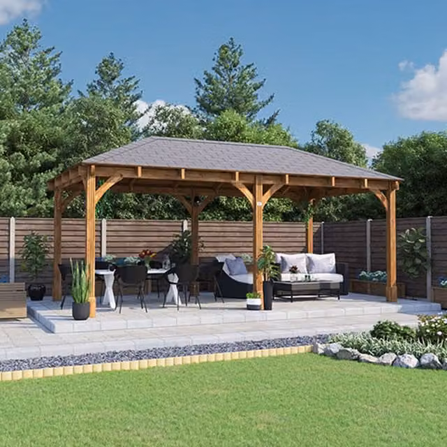 Dunster House Leviathan Heavy Duty Wooden Gazebo with Hip Roof and Bitumen Shingles, Brown, W: 6 m, D: 3 m