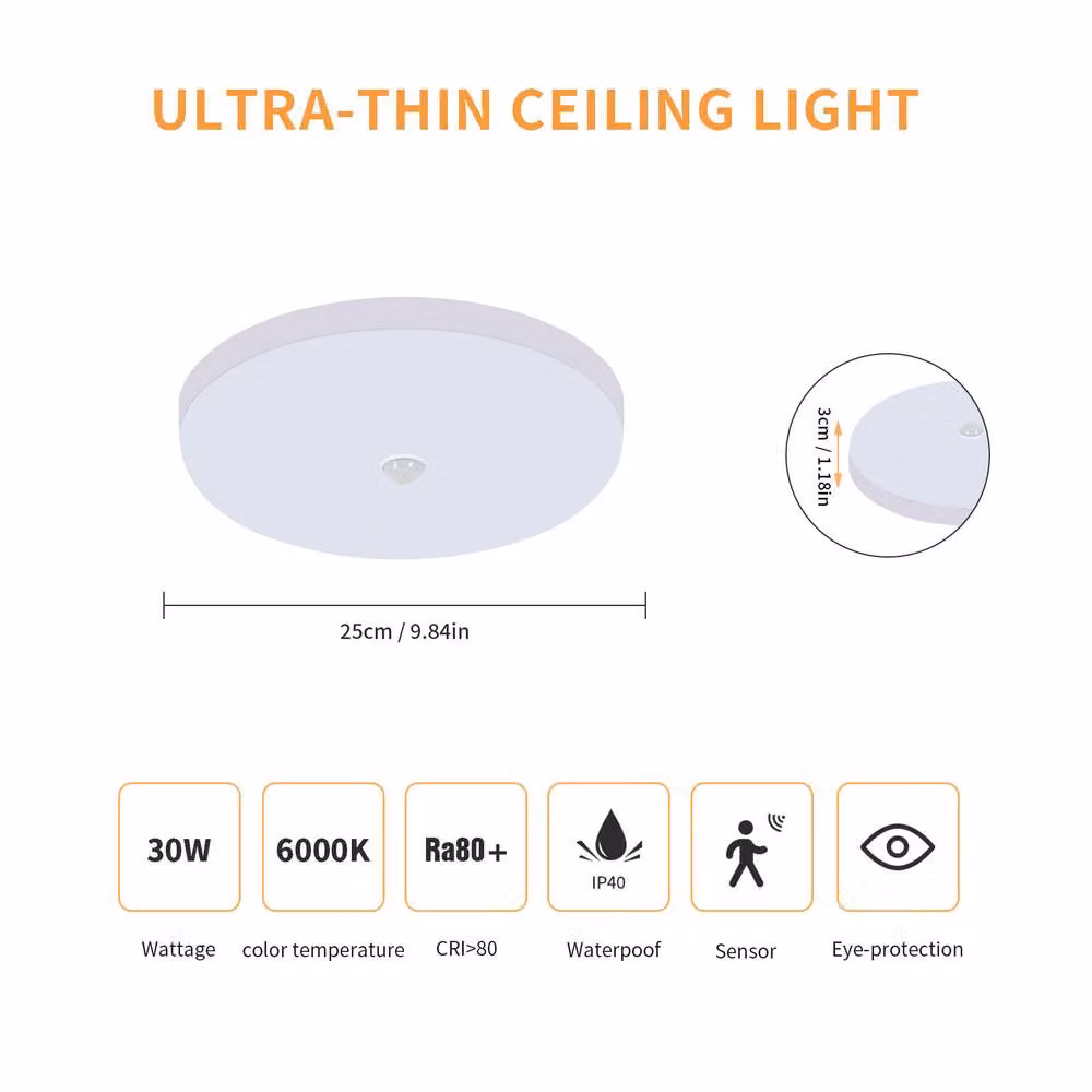 Goeco White Round LED Ceiling Light with Motion and Dusk Sensor, 30W, 6500K, IP40, Diameter: 25 cm – 5