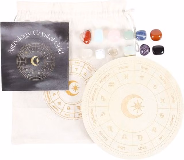 KDMK Astrology Wheel Crystal Grid Set for Zodiac Energy, White and Multicolour Geometric Round Wood Tabletop Design