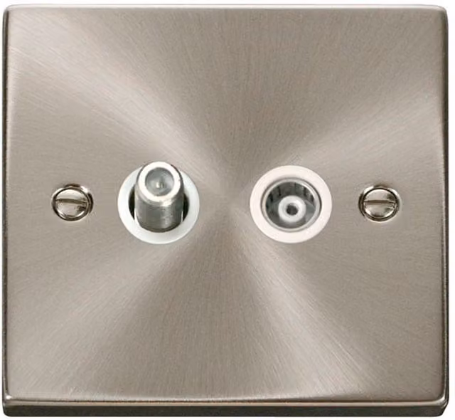 SE HOME Satin Brushed Chrome Satellite and Isolated Coaxial 1 Gang Surface Socket in White