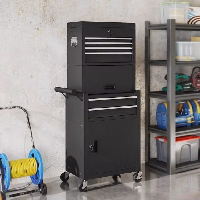 STILVORA Black Steel Tool Chest with Lockable Drawers, Cupboards and Pegboard, W/D/H: 131 x 60.5 x 3.0 cm – 1