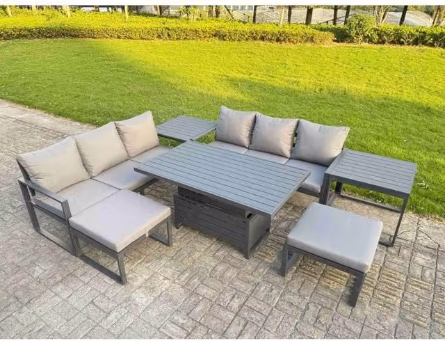Fimous 7-Piece Powder Coated Aluminium Garden Sofa Set with Lifting Table, 2 Side Tables and Cushions in Dark Grey