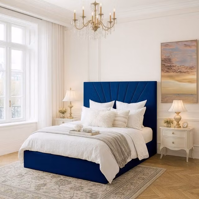 Desire Deco Flora Upholstered Velvet Bed Frame in Blue, W/D/H: 180 x 200 cm