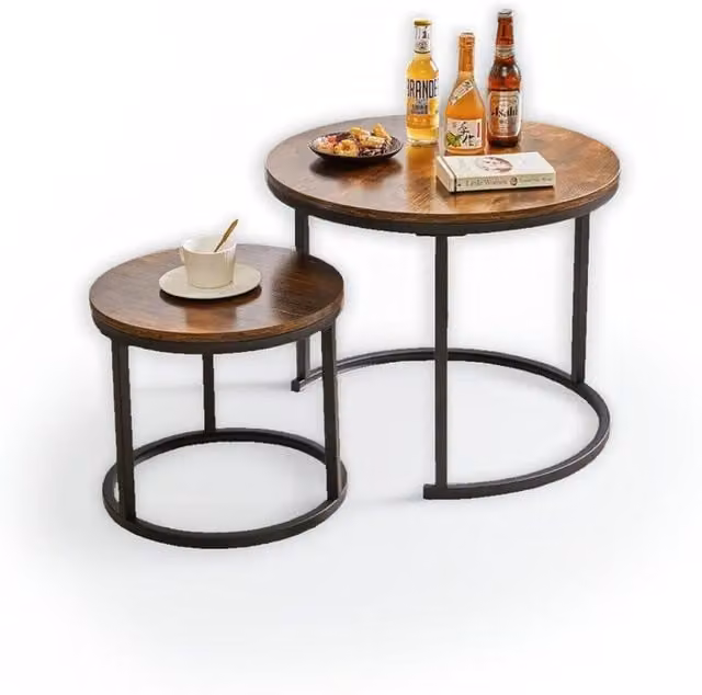 Modcraft Set of 2 Round Nesting Coffee Tables in Brown and Black with Rustic MDF and Metal Sled Base