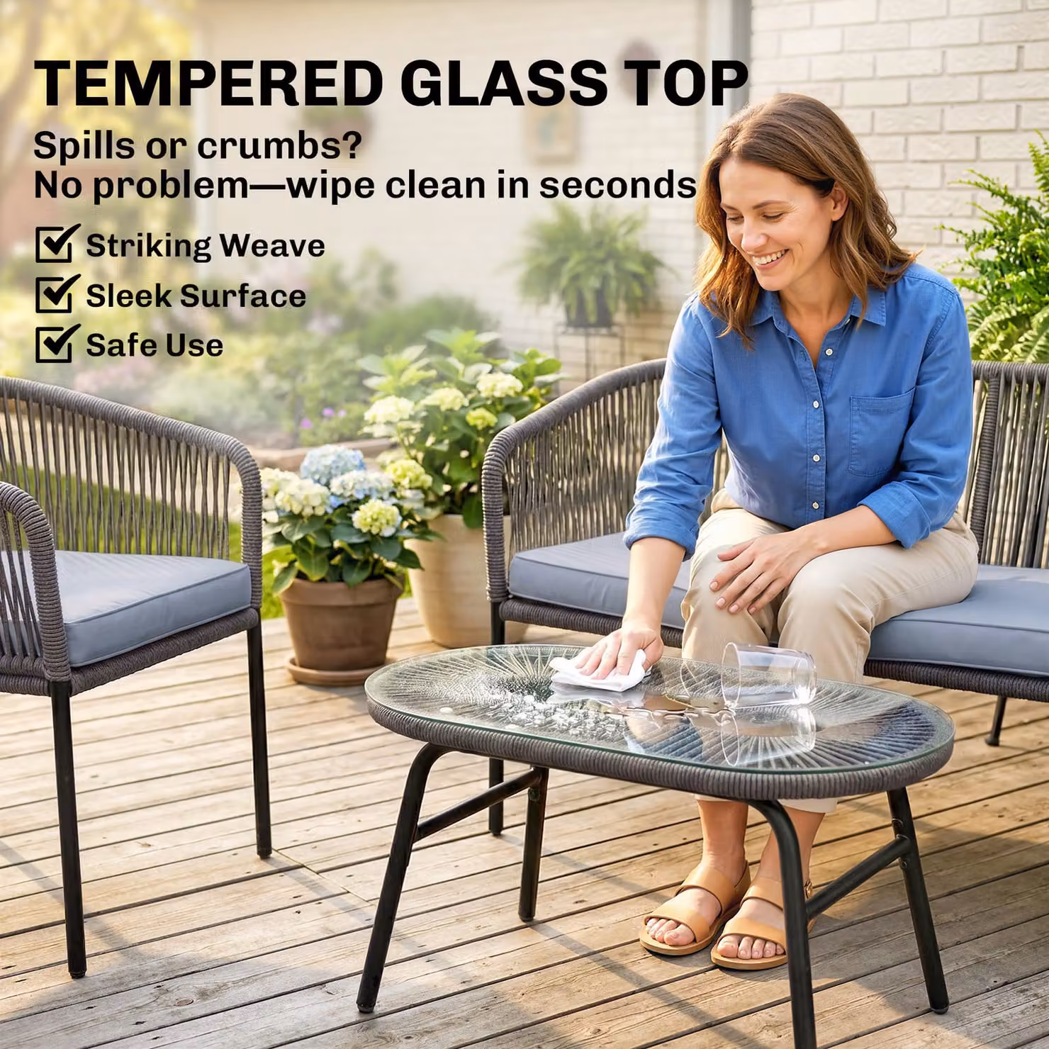 Outsunny 4 Piece Garden Furniture Set in Dark Grey with Rope Sofa, Loveseat, Chairs and Tempered Glass Table – 4